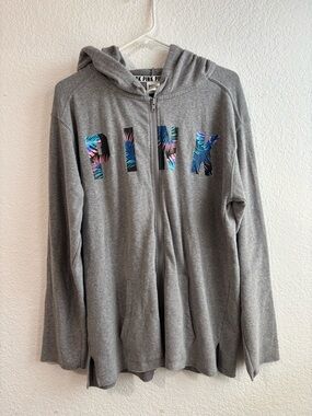 Y2K PINK Grey Zip-Up Hoodie with Tropical Lettering Medium